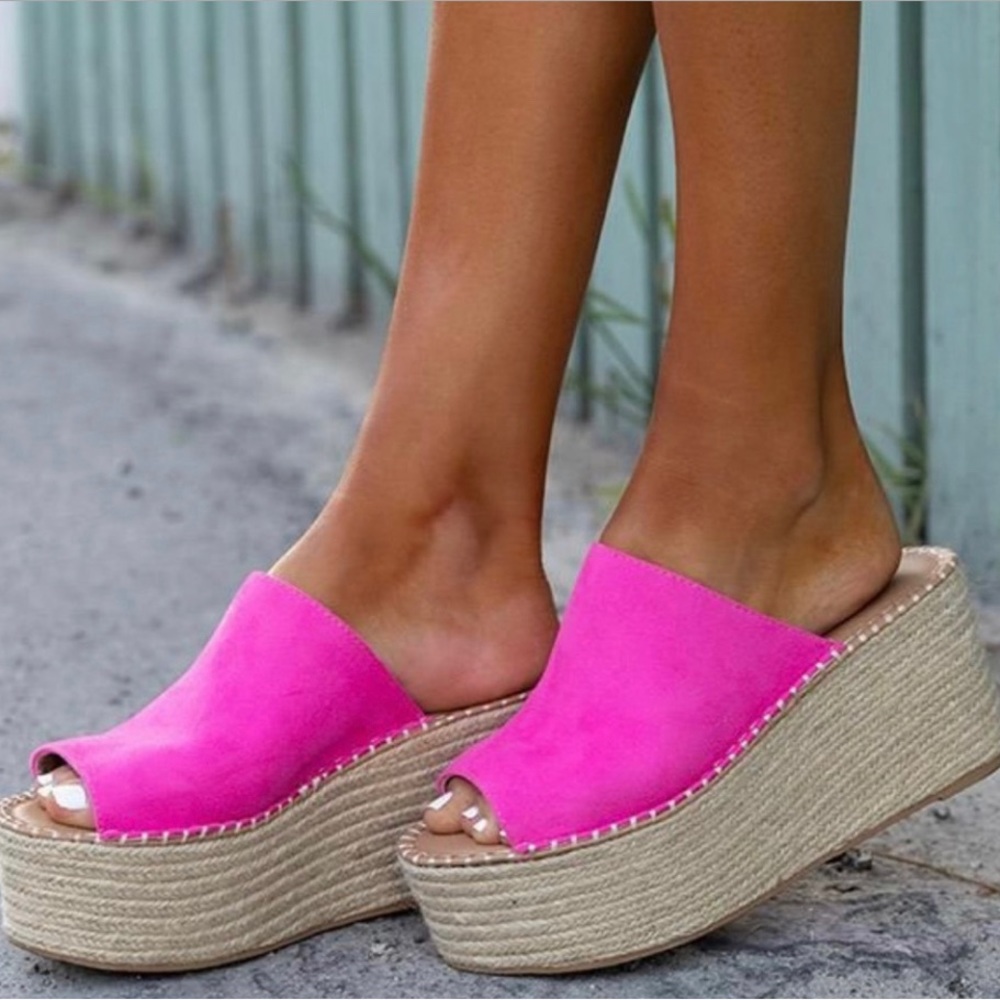 Hot pink espadrille wedge sandal